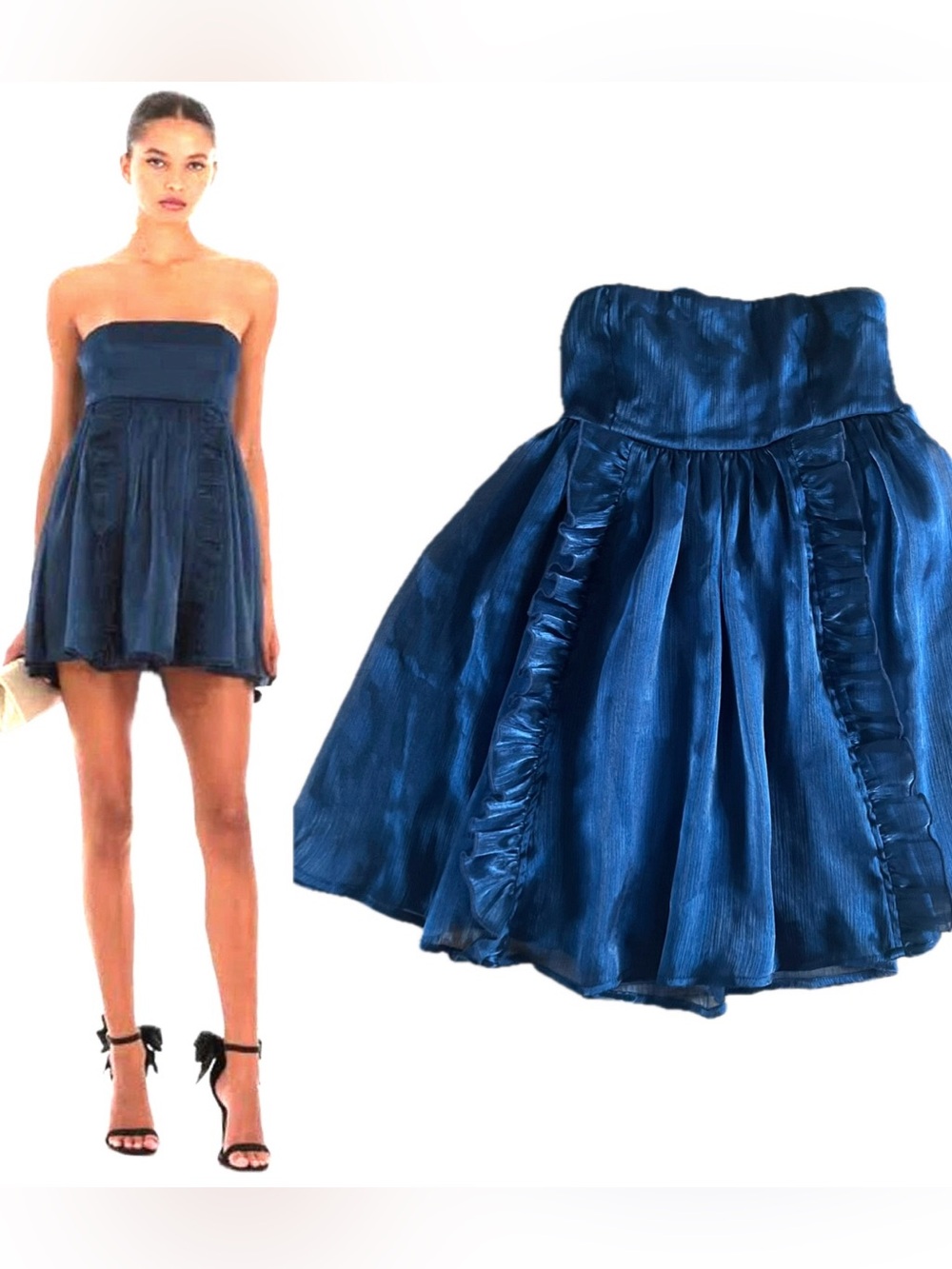 Lucy In The Sky Navy Blue Dress Strapless Mini Ruffle Babydoll Bow Tie Back M